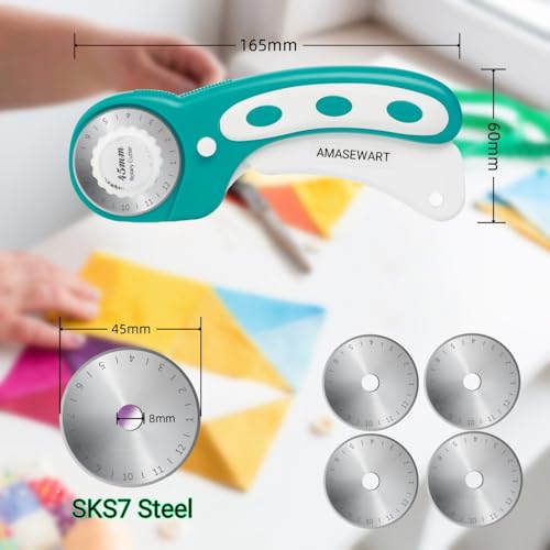 45mm Rotary Cutter and Mat Set, Fabric Cutter Wheel and 12x18 Inch Self Healing Sewing Cutting Mat, Fabric Rotary Cutter with 5pcs Rotary Blades for Quilting Patchworking Crafts, Turquoise - color: Turquoise