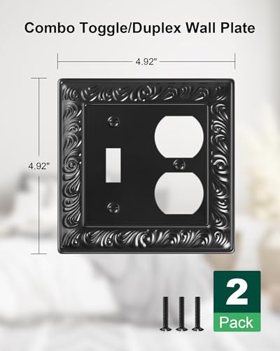 2-Pack Paisley Pattern Metal Combo Toggle/Duplex Light Switch Cover Plate | Decorative Wall Outlet Cover Plate, 2 Gang Metal Wall Plates for Electrical Outlets, Light Switch, Matte Black - color: Black, size: 1 Toggle/1 Duplex 2PK