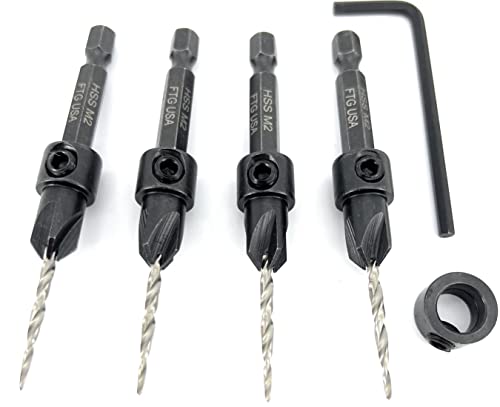 FTG USA #4 (7/64") Wood Countersink Drill Bit 4-Pc Set with 3/8" Depth Stop - size: #4, style: 4 Pc with Depth Stop