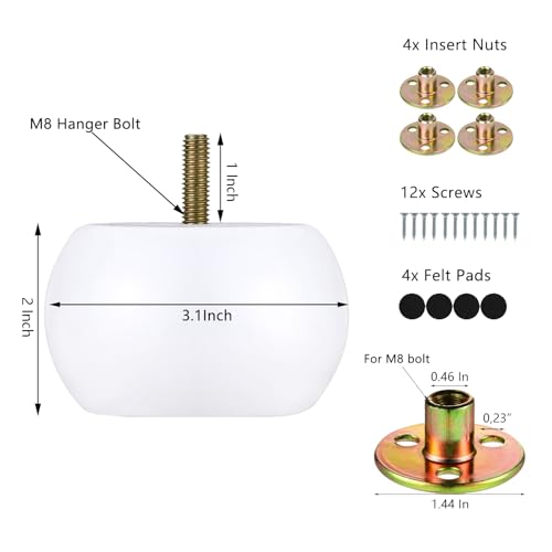 Michanco 2 Inch Bun Feet White DIY Round Wood Furniture Legs Set of 4 Replacement Legs for Couch Sofa Ottoman - color: 2 Inch White