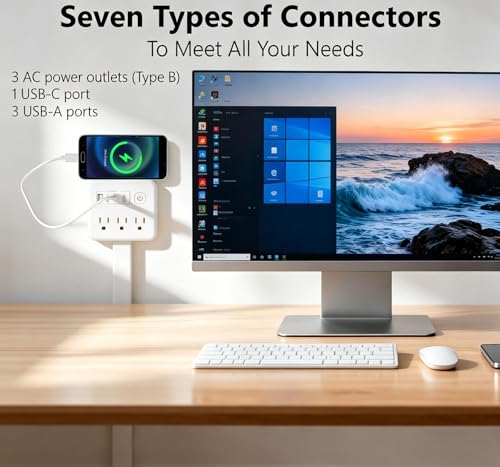 Electrical Outlet Extender Stick, 3 AC Outlets with 4 USB Port, 17-26 Inch Adjustable Length, 360° Rotating Plug, Wall Socket Expander for Hard-to-Reach Outlets Behind Couch, Nightstand, Bed, Desk