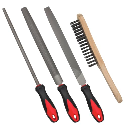VASTOOLS 10 Inch Metal File Set, T12 High Carbon Hardened Steel, Half Round/Flat/Round Bastard Cut Files with Anti-Slip Grip, for Deburring Shaping Wood Metal Plastic,with Wire Brush