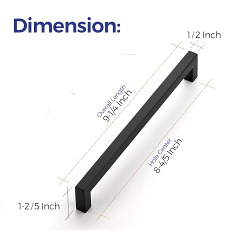 Ravinte Matte Black Cabinet Handles Square Pulls 8-4/5 Inch 3 Pack - size: 9-1/4 Inch (8-4/5 Inch Hole Center)