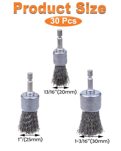 Rocaris 30 Pack Carbon Steel Wire Wheel Brush with 1/4-Inch Hex Shank | 3 Sizes, 13/16", 1", 1-3/16" Inch, Pen Brush for Rust Removal, Corrosion and Scrub Surfaces
