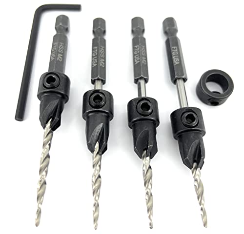 FTG USA #6 (9/64") Wood Countersink Drill Bit 4-Pc Set with 3/8" Depth Stop - size: #6, style: 4 Pc with Depth Stop