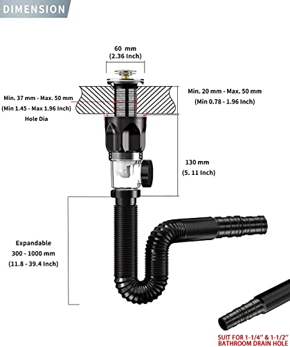 Bathroom-Sink-Drain-Kit: Flex-drain Kit with Flexible & Expandable P-trap Sink Drain Pipe, Snappy Trap with Built-in Anti-clogging Stopper, for 1-1/4'' & 1-1/2'' Drain Hole, RV Sink Drain