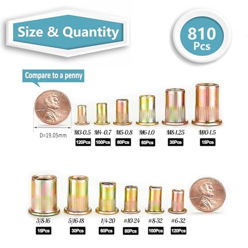 KADRICK 810PCS SAE & Metric Rivet Nut Kit, 6-32 to 3/8-16, M3-M10 - size: Metric & SAE Kit 810Pcs