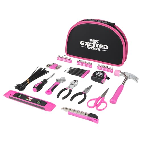 89 Piece Pink Tool kit, Ladies Hand Tool Set with Easy Carrying Round Pouch Household Tool Kit Perfect for DIY, Home Maintenance and Dorm Repair