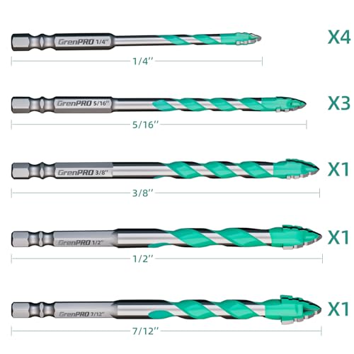 GRENPRO Masonry Drill Bit Set 10Pcs, 1/4"-7/12" Serrated Concrete Drill Bit - size: 1/4" - 7/12" (10 PCS)