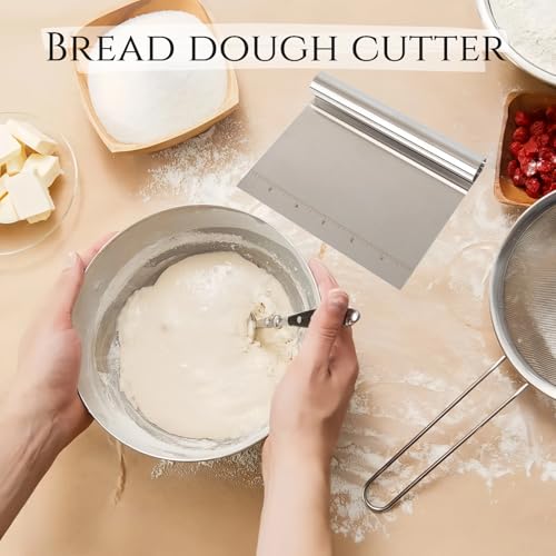2 Pack Stainless Steel Dough Scraper with Measuring Scale,Bench Scraper & Cutter, Multipurpose Pizza/Pastry/Cake/Pastry/Bread Food Cutter, Kitchen Baking tools Essential Utensil (Silver & Gold)