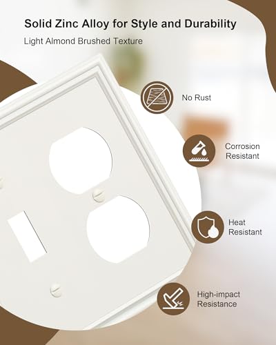 2-Pack Zinc Alloy Combo Toggle/Duplex Light Switch Cover Plate - color: Light Almond, size: 1 Toggle/1 Duplex 2PK
