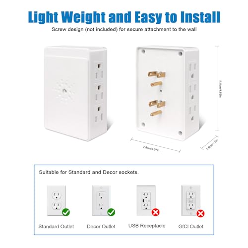 EXTRASTAR Plug in Outlet Extender,2 Pack 6 Grounded Outlet to The Side,Wall tap Side Access Adapter,Charging Station, 3-Prong,ETL Listed, White