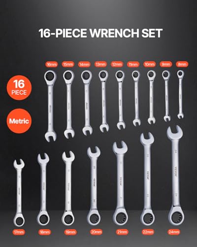 VEVOR Combination Wrench Set, 16-Piece Ratcheting Wrench Set with Organizer Rack, Cr-V Steel, Metric 8 mm to 24 mm, Ideal for General Household, Garage, Workshop, Auto Repairs, Emergency - size: 16PCS (Metric), style: Regular