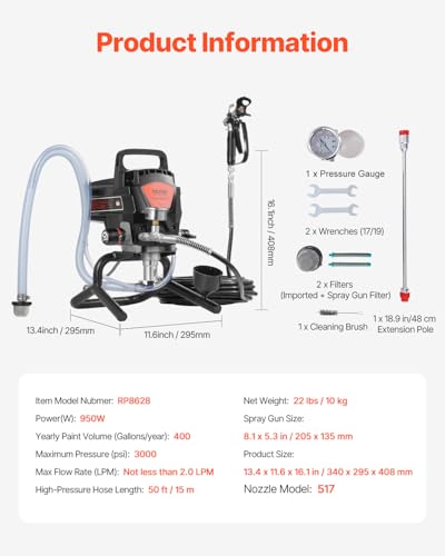 VEVOR 950W Stand Airless Paint Sprayer, 3000PSI High Efficiency Electric Airless Sprayer, Handheld Paint Sprayers for Home Interior and Exterior Furniture and Fences, Fine and Even Painting Effect - size: 950 W