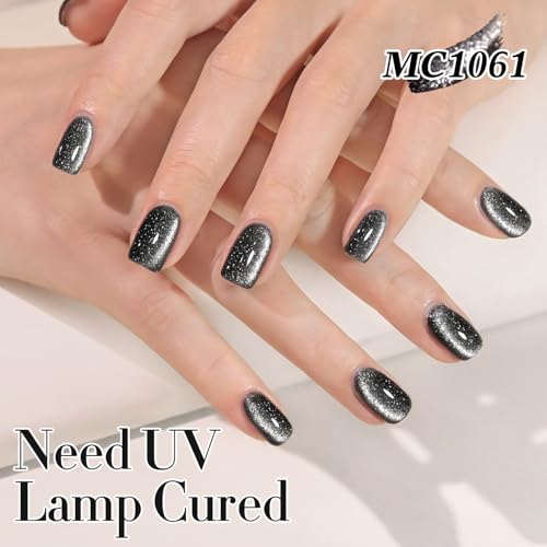 Double Rhythm Jelly Glass Cat Eye Gel Polish with Magnet 15ML Holographic Glitter Shimmer Translucent Sheer Color Magnetic Nail Polish Salon DIY at Home (Black Glitter-MC1061) - color: Black Glitter