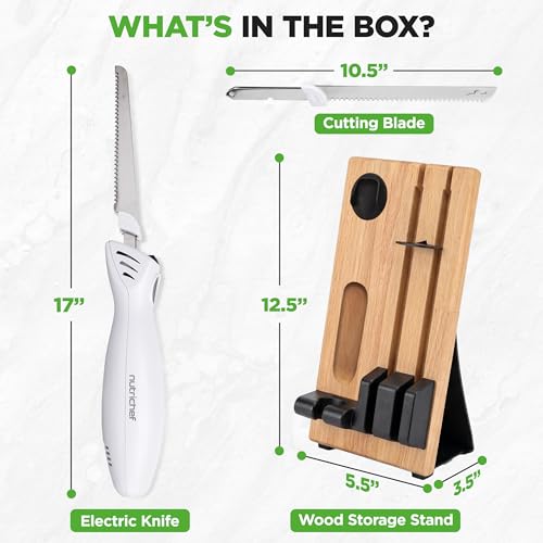 NutriChef Electric Carving Turkey Slicer Kitchen Knife | For Thanksgiving | Portable Electrical Food Cutter Knife Set with Carve Blades & Wood Stand | Cuts Meat, Bread, Cheese & Fruit | White