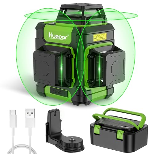 Huepar Laser Level 360 Self Leveling, Rechargeable Green Laser 3x360° Cross Line Lazer Leveler 3D Level Laser Tool for Construction and Picture Hanging, Strong Magnetic Bracket&Hard Carry Case -HM03CG