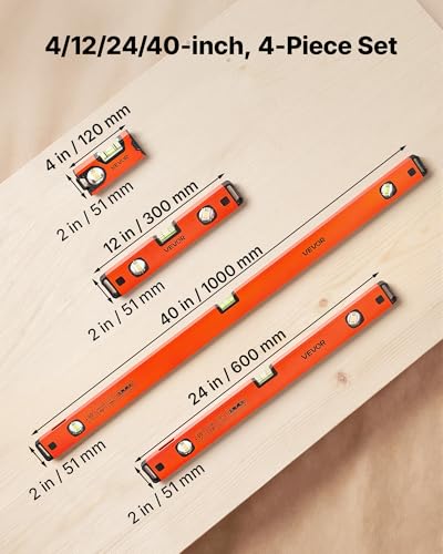 VEVOR Torpedo Level, 4-Piece Included 4/12/24/40 in, Magnetic Leveler Tool Set Aluminum Alloy, with Clear 3 Green Vials, Hanging Hole, Box Beam Multi-angle Measurement for Construction Home Renovation - size: 4/12/24/40 inch set