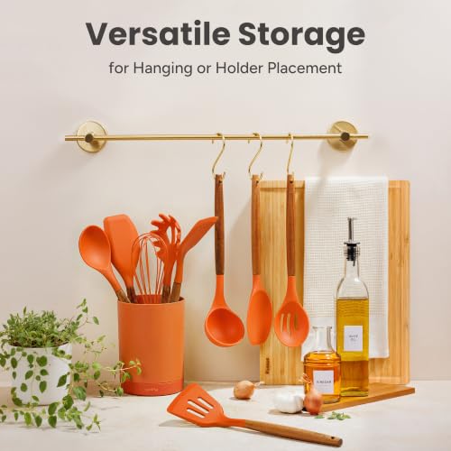 SMIRLY Silicone Kitchen Utensils Set, 22-Piece Acacia Wood Handle, Orange - color: Orange