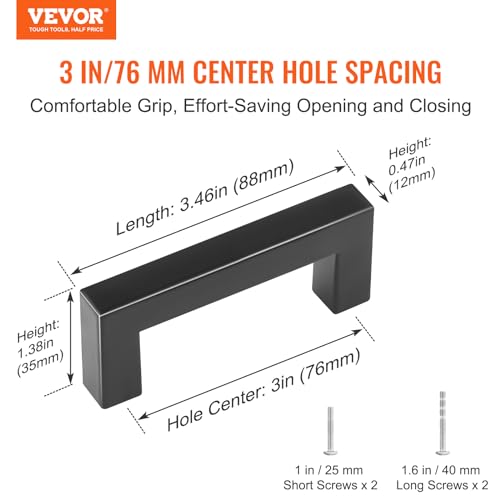 VEVOR 30 Pack Black Cabinet Pulls, 3in / 76mm Center to Center Kitchen Drawer Handles, Rust and Scratch-Resistant Hardware, Stainless Steel Door Handles for Kitchen Bathroom Bar Hardware Matte - size: 3 inch Hole Centers(76mm)