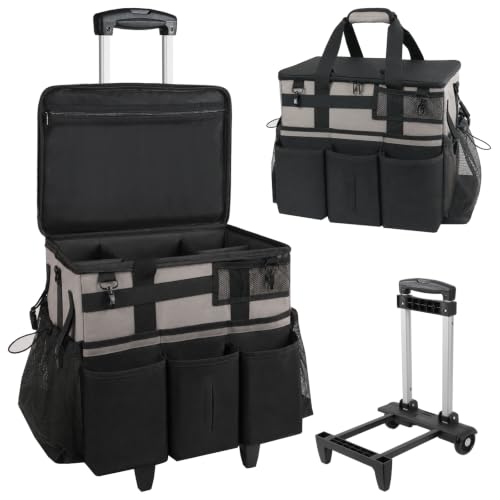 SCAVATA Rolling Cleaning Caddy Bag with Detachable Trolley, Large Cleaning Supplies Organizer with Wheels, Multi-Pocket Cleaning Cart with Adjustable Shoulder Strap for Housekeepers (WarmGrey) - color: WarmGrey