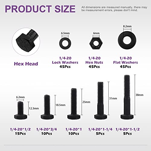 Swpeet 180Pcs 1/4-20" x 1/2" to 1-1/2" 5 Sizes Black Zinc Finish Carbon Steel Grade 8 USS Nut Bolts Assortment Kit, Heavy Duty Bolt Nut and Washer Assortment Coarse Thread Hex Head Cap Screws Bolt - size: 1/4 Inch