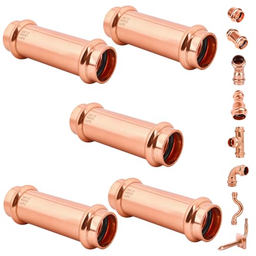 (WDAISY 5 Pack) Industrial-Grade 3/4" Press Copper Fitting – Lead-Free Press Extended Coupling No-Stop, Copper Press Fittings for Plumbing, HVAC, Potable Water, UPC & NSF/ANSI 61 Certified - size: 3/4" copper press extended coupling-5P