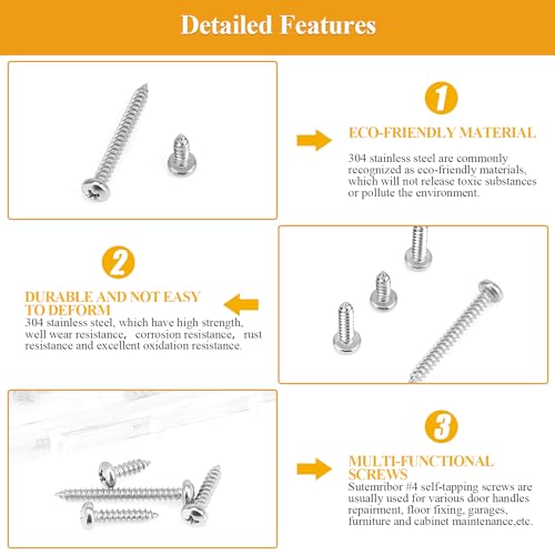 215 Pieces #4 x 3/8" 1/2" 5/8" 3/4" 1" Wood Screws Set, Phillips Pan Head #4 Self-Tapping Screws Assortment Kit, 304 Stainless Steel - size: #4, style: Phillips Pan Head