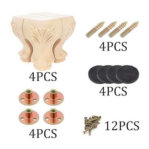 4Pcs Solid Unfinished Wood Furniture Legs European Style Carving Replacement Feet for Sofa Cabinet Wardrobe Loveseat Couch Ottoman Coffee Table 4 Inch - color: A