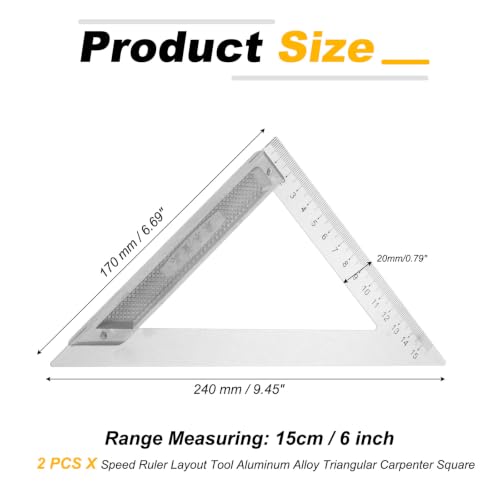 HARFINGTON 2Pcs Rafter Square 6" Imperial Aluminum Alloy Carpenter Measuring Layout Tool Metal Triangle Ruler Protractor for Woodworking and Carpentry - size: 6"