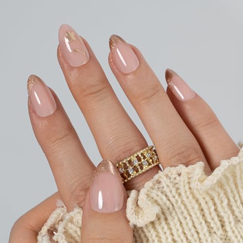 CurvLife Medium Almond Fall Golden Leaf Press On Nails, Gilded Grace Nude - color: A5 - Gilded Grace
