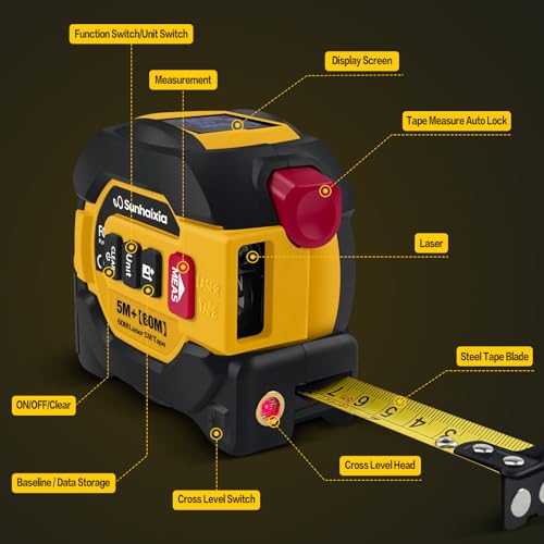 Laser Tape Measure 3 in 1 with Laser Level Crosshairs |196ft/60m LCD - color: Yellow