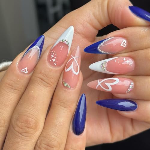 LPOODDNU Press on Nails Almond Medium - Blue French Tip Fake Nails with Heart&Diamond Designs, Glossy Finished Reusable False Nails with Double Adhesive Glue Tabs - 24Pcs Nail Kit for Women Manicure - color: blue french tip heart