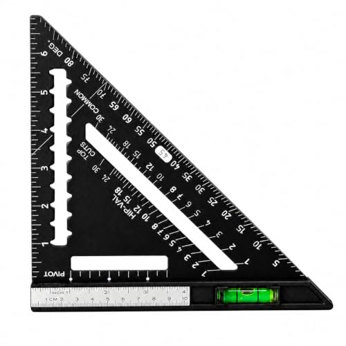 7 Inch Rafter Square with Level – Aluminum Alloy Carpenter Triangle Ruler, Woodworking Layout Tool with Detachable Stainless Steel Ruler & Anti-Glare Matte Finish for Framing, Marking & Measuring