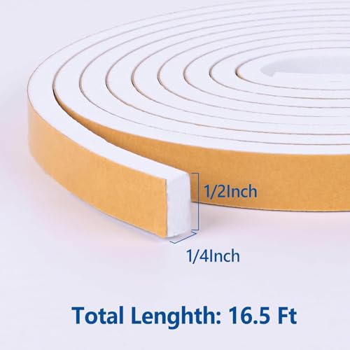 Kikerike Self Adhesive Foam Tape Weatherstrip 1/2in x 1/4in x 16.5Ft High Density Foam Insulation Strips Seal Weather Stripping with Strong Adhesive for Door and Window Sound Isolation Soundproofing - size: 1/2in x 1/4in x 16.5Ft
