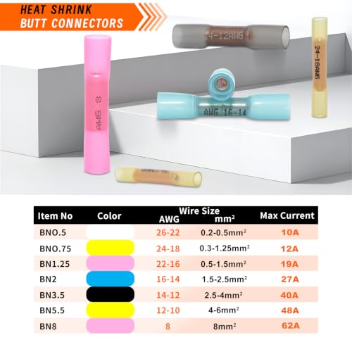 100pcs 22-16 Gauge Heat Shrink Butt Connectors 22-16 AWG Heat Shrink Butt Splice Marine Grade Insulated Waterproof Electrical Crimp Wire Connectors,Pure Copper Butt Splice for 22-16 Gauge Wire - size: 22-16 AWG