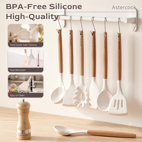 Astercook Kitchen Utensils set, 39 PCS Silicone Cooking Utensils Set with Wooden Handle, 446°F Heat Resistant Food Grade Utensil Sets, BPA Free Kitchen Gadgets Tools Set for Nonstick Cookware (Cream) - color: Cream