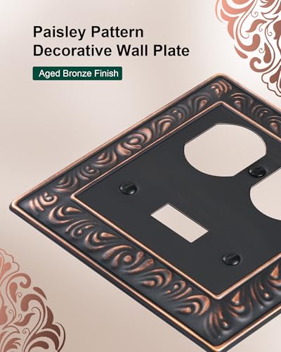 2-Pack Paisley Pattern Metal Combo Toggle/Duplex Light Switch Cover Plate | Decorative Wall Outlet Cover Plate, 2 Gang Metal Wall Plates for Electrical Outlets, Light Switch, Aged Bronze - color: Aged Bronze, size: 1 Toggle/1 Duplex 2PK