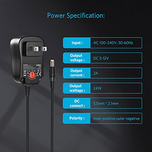 Belker 24W Universal 3V 4.5V 5V 6V 7.5V 9V 12V AC DC Adapter with 8 Tips