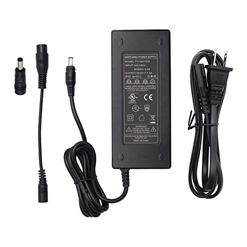 54.6V 1.5A Charger for 48V 13S Lithium Battery Packs Smart Universal Power Supply for 48 Volt Li-ion 5.5mm*2.1mm Connector with 5.5mm*2.5mm & GX16 12mm 3-Prong Female Inline Tips