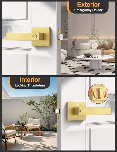 Gobrico 1 Pack Heavy Duty Gold Square Privacy Interior Door Levers, Satin Brass Finish, Bedroom and Bathroom Door Handles Keyless Bed/Bath Lockset - color: Brushed Gold