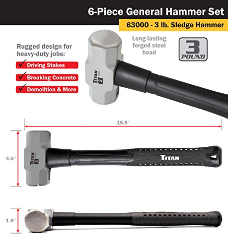 Titan 63136 6-Piece Hammer Set, Includes 16oz & 32oz Ball Pein, 32oz Rubber Mallet, 3lb Sledgehammer, 2lb Dead Blow & 3lb Cross Pein - style: 6pc Set Assorted