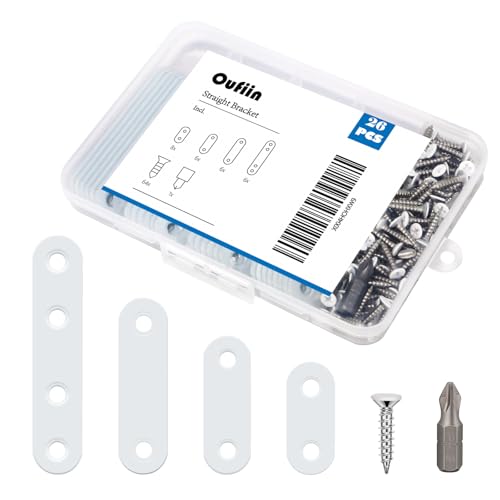 26 PCS White Stainless Steel Straight Bracket Flat Brace, 1.4 in / 1.8 in / 2.2 in / 3.0 in Wood Brackets Mending Repair Plate Brace for Bed Frame, Furniture & Shelves, with 64 White Screws and 1 Bit