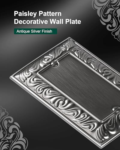 2-Pack Paisley Pattern Blank Outlet Cover Wall Plate,Metal Switch Plates | Decorative Outlet Covers, 1 Gang Wall Plate for Unused Outlets/Switches, Corrosion Resistant, Antique Silver - color: Antique Silver, size: 1 Blank 2PK