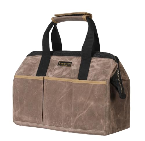 Tool Bag, 15-inch Heavy Duty 16oz Waxed Canvas Wide Mouth Water-Resistant Tool Bag, Tool Tote with Handle for Tools, Wrenches, Screwdrivers (15 X 7.8 X 11.5 inch) | Grey - color: Grey, size: 15 Inch