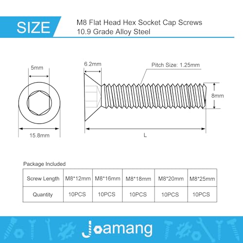 M8 x 12mm 16mm 18mm 20mm 25mm Flat Head Hex Socket Cap Screws Countersunk Bolts, 10.9 Grade Alloy Steel, Black Oxide Finish, Metric Allen Drive, Fully Threaded, Assortment Kit 50Pcs - size: M8 x 12/16/18/20/25 mm