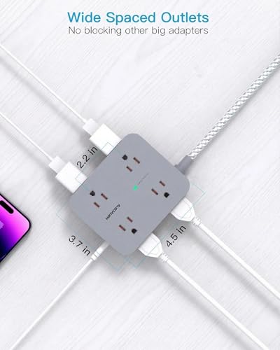 HANYCONY 6Ft Surge Protector Power Strip USB C, 1080J, 8 Outlet Extender - color: Gray, size: 6ft