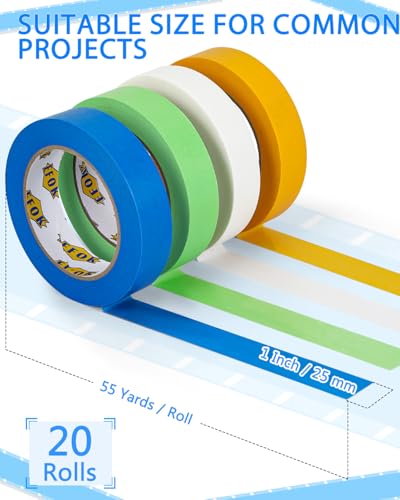 EFOK 20 Rolls Painters Tape 1 Inch Colored Bulk Masking Paint Tape 55 Yds