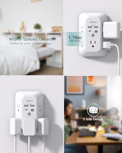 Addtam 5-Outlet Extender Surge Protector, Multi Plug Wall Outlet with 4 USB Wall Charger(PD 20W), Outlet Splitter Power Strip for Home Office Dorm Room Essentials, Plug Extension Outlet 1800J - size: 2c2a Pd 20w