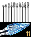 Sworker 10 Pcs Carbide Burr Set 1/8" Shank w/ 2 Collets Compatible with Dremel Bits Rotary Tools Attachment Kit Rasp Drill File Accessories Metal Wood Stone Steel Grinding Carving Cutting Polishing